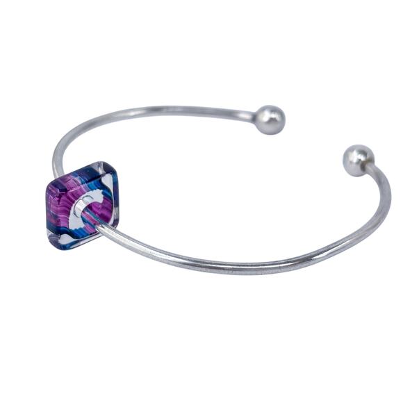 Ball Tip Cuff Bracelet | Purple Glass Charm | Vintage Sterling Silver 925 | 6.5" - Picture 7 of 11